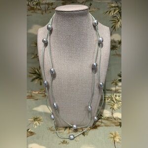 Elegant Light Green Leather and Silver Freshwater Pearl 52” Necklace